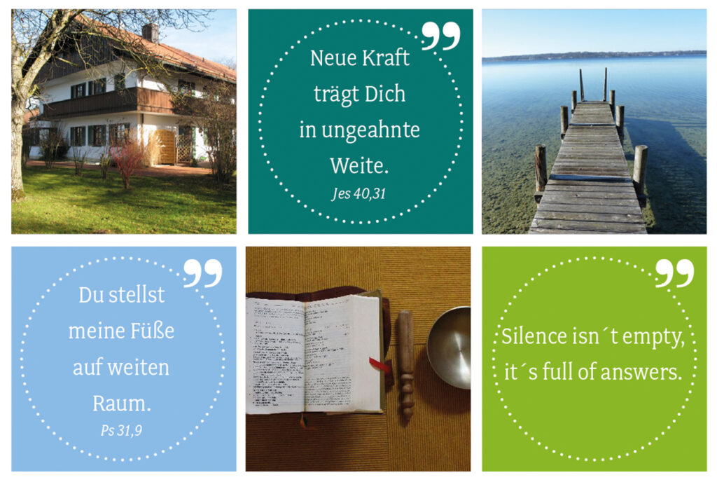 Eine Collage aus sechs Bildern: Schwesternhaus Ambach, unser Bootssteg, zwei Zitate mit Bibelbezügen, ein offenes Buch mit einem Stift und einer Tasse sowie ein englisches Zitat darüber, dass Stille voller Antworten steckt.